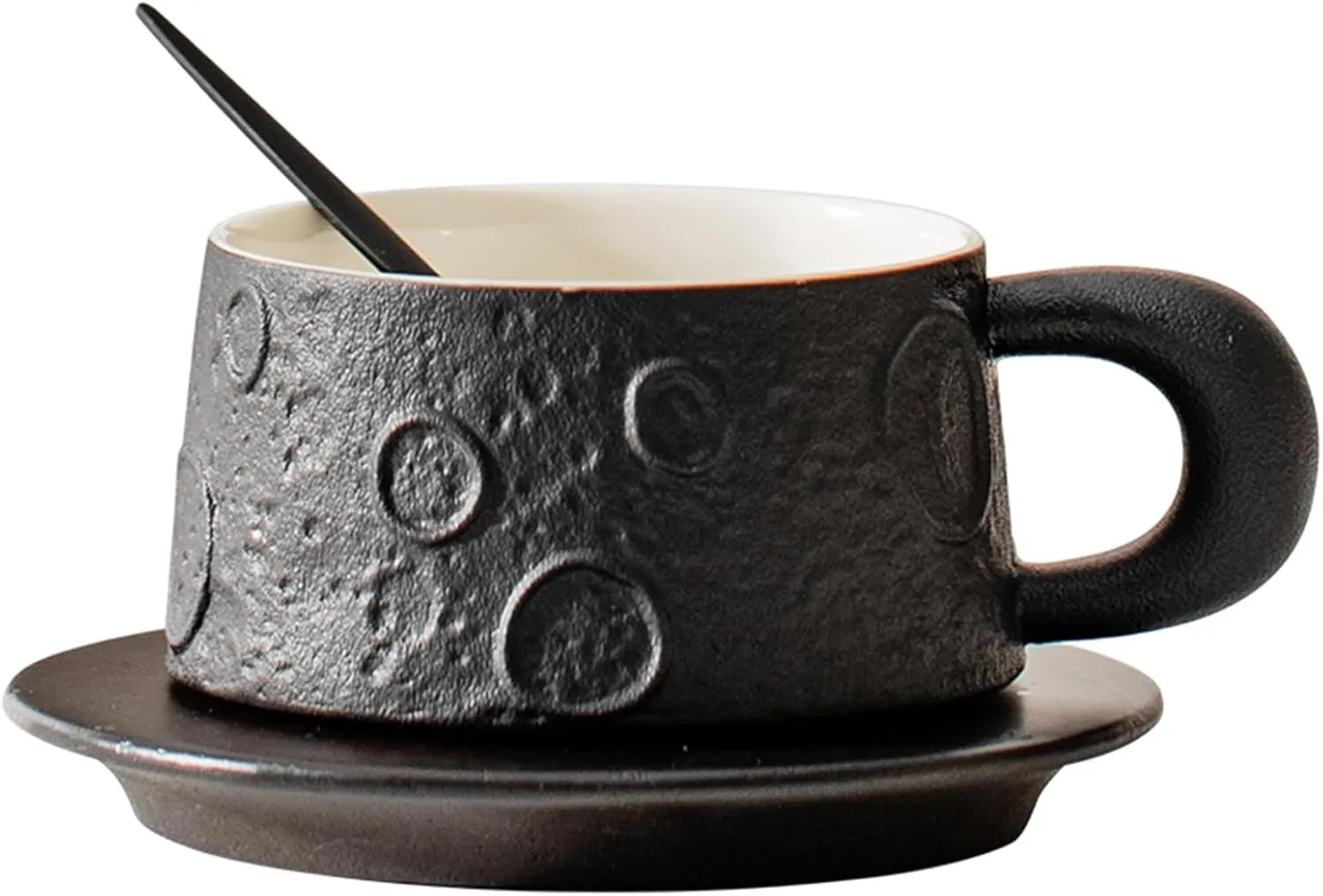 Moon planet cup with black peach pad coffee cups, unique meteorite relief coffee mugs, 6.7-ounce safe matte ceramic coffee mug and saucer set for cappuccino, espresso, and latte