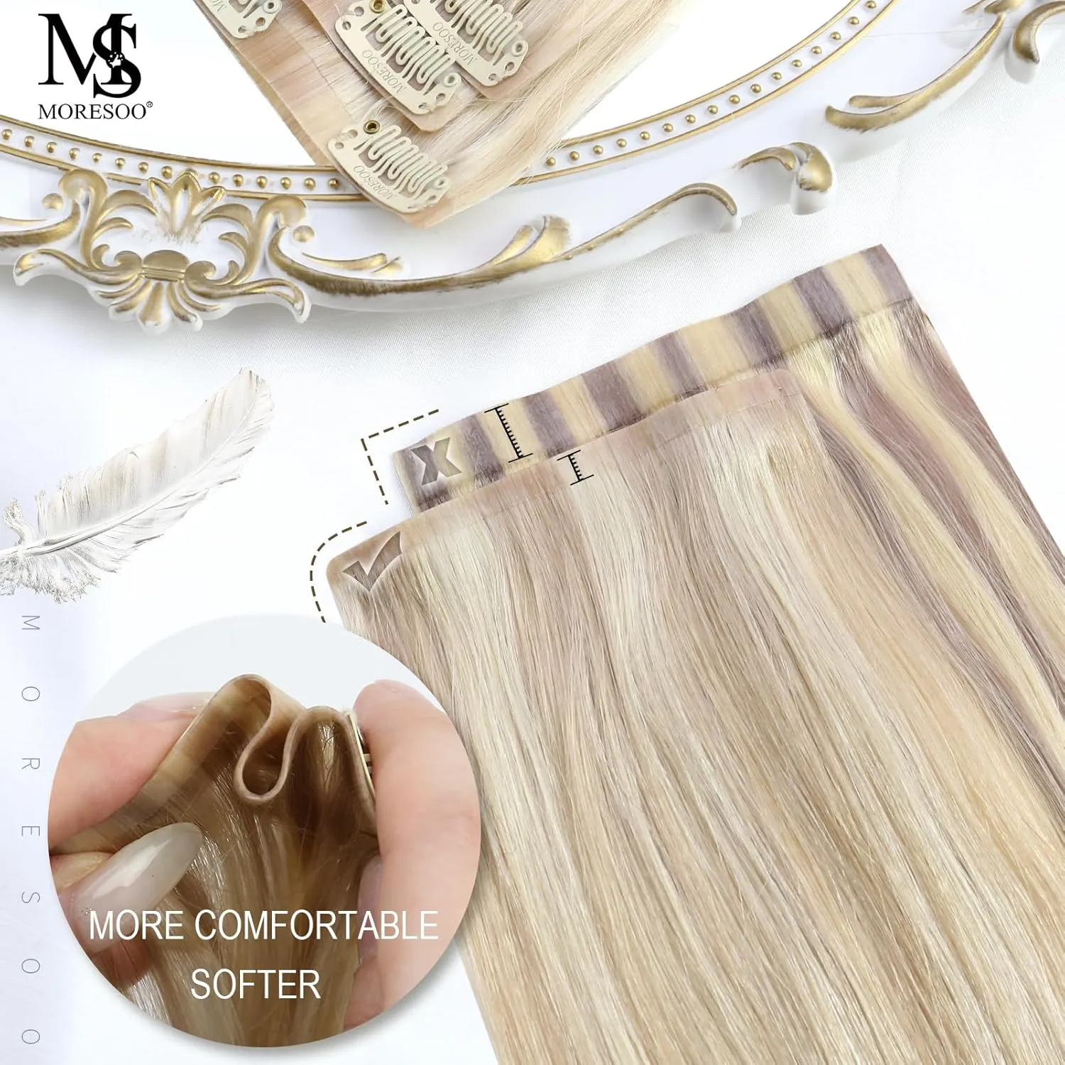 Moresoo Seamless Clip in Hair Extensions Human Hair Blonde Highlight Seamless Hair Extensions Clip ins Human Hair Ash Blonde with Blonde PU Weft Clip in Human Hair Extensions 16inch 7pcs 120g
