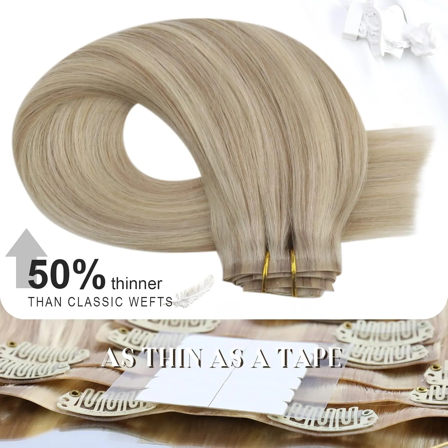 Moresoo Seamless Clip in Hair Extensions Human Hair Blonde Highlight Seamless Hair Extensions Clip ins Human Hair Ash Blonde with Blonde PU Weft Clip in Human Hair Extensions 16inch 7pcs 120g