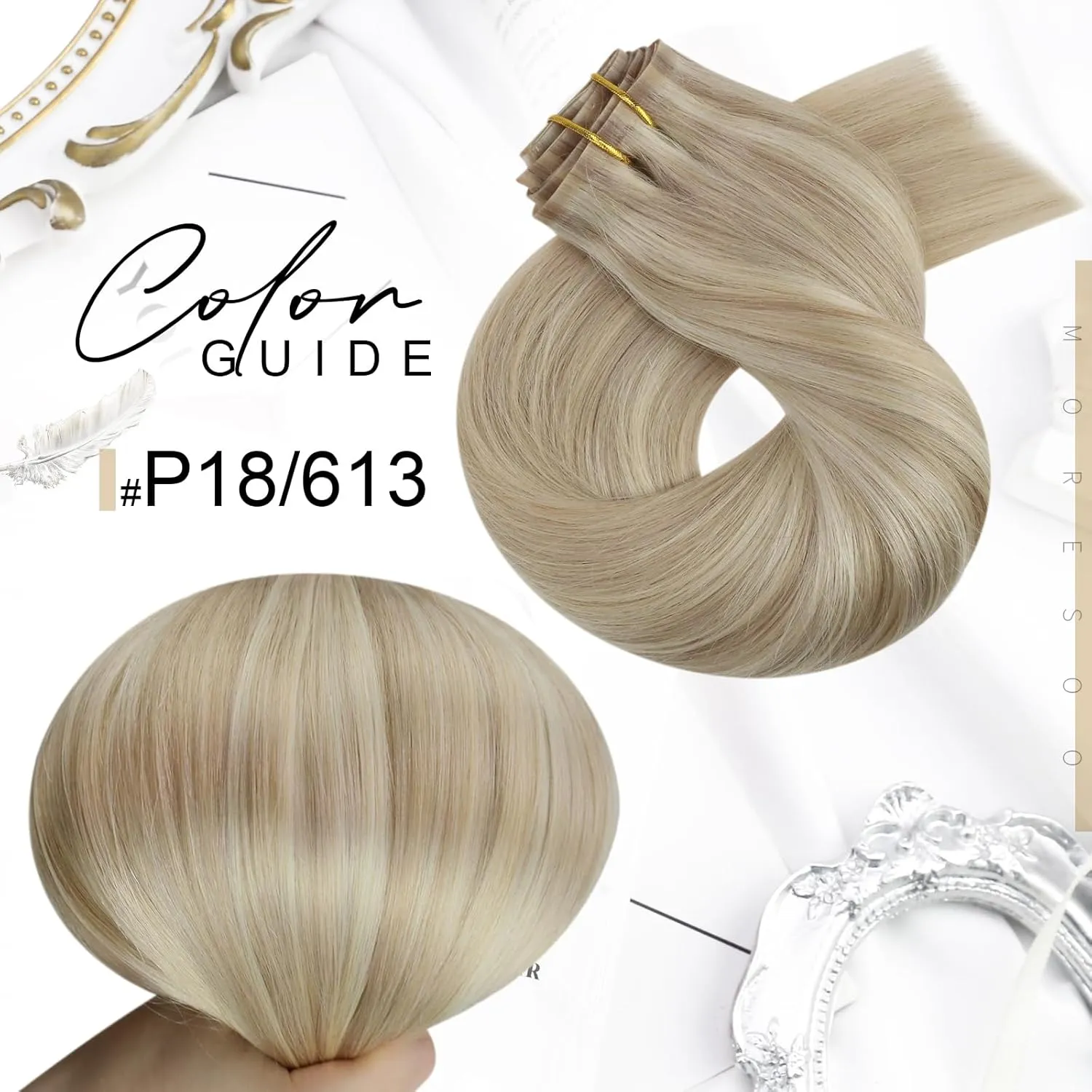 Moresoo Seamless Clip in Hair Extensions Human Hair Blonde Highlight Seamless Hair Extensions Clip ins Human Hair Ash Blonde with Blonde PU Weft Clip in Human Hair Extensions 16inch 7pcs 120g