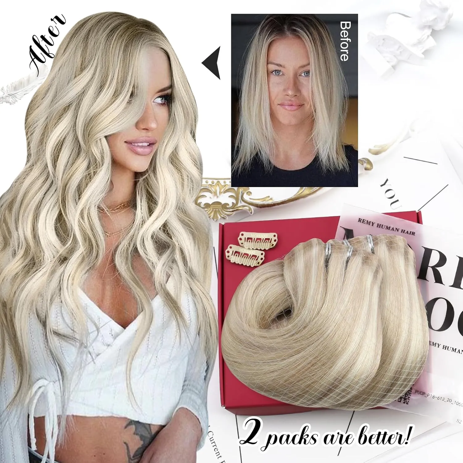 Moresoo Seamless Clip in Hair Extensions Human Hair Blonde Highlight Seamless Hair Extensions Clip ins Human Hair Ash Blonde with Blonde PU Weft Clip in Human Hair Extensions 16inch 7pcs 120g