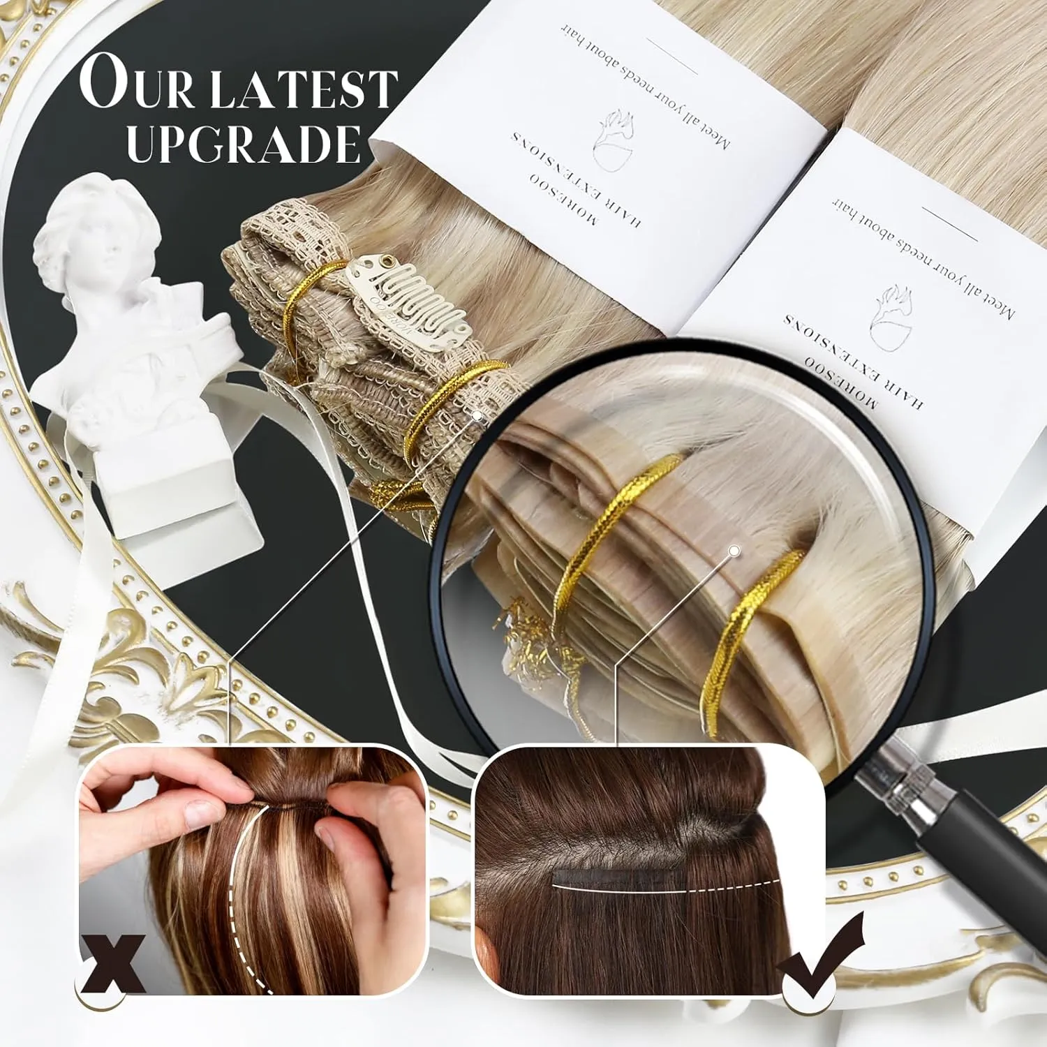Moresoo Seamless Clip in Hair Extensions Human Hair Blonde Highlight Seamless Hair Extensions Clip ins Human Hair Ash Blonde with Blonde PU Weft Clip in Human Hair Extensions 16inch 7pcs 120g