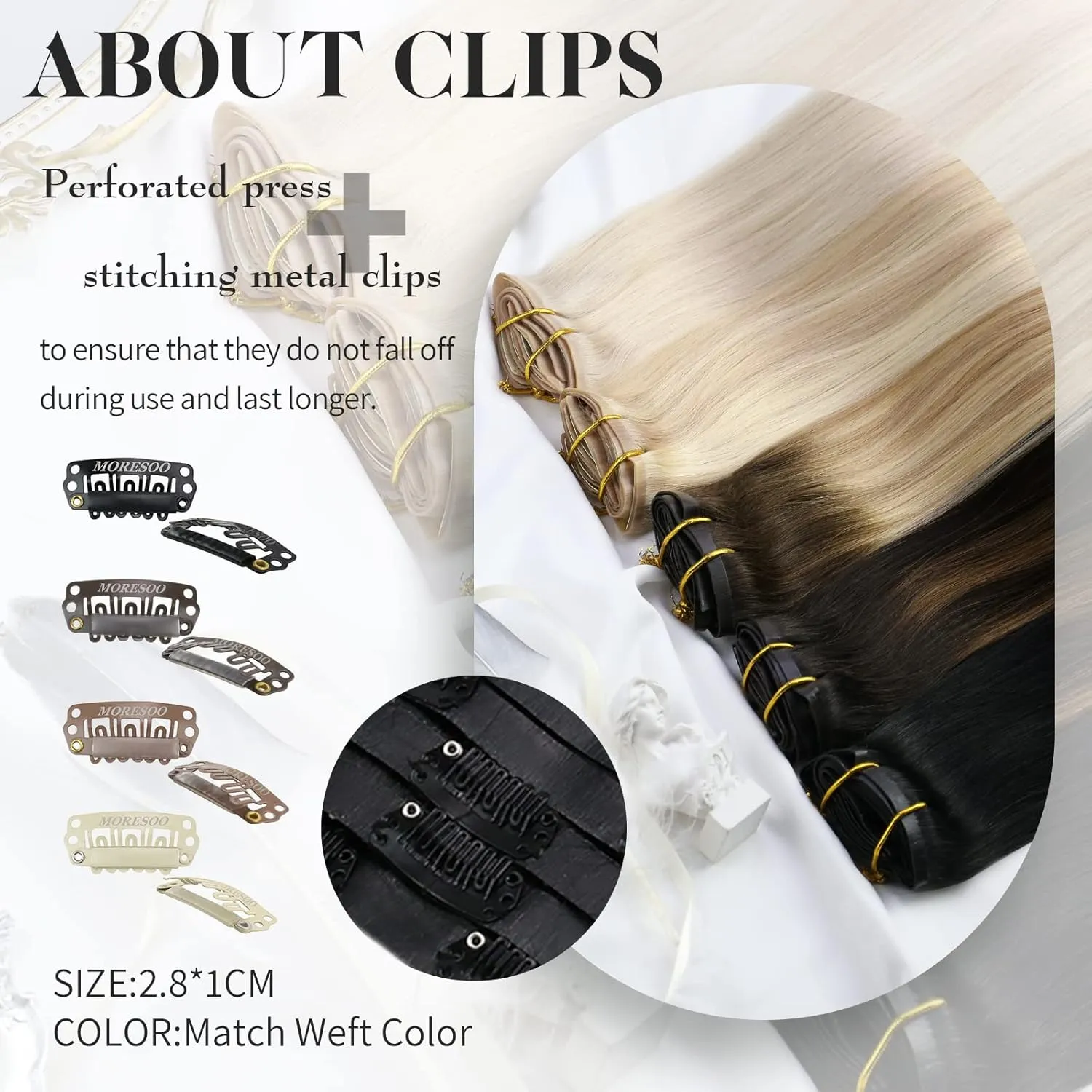 Moresoo Seamless Clip in Hair Extensions Human Hair Blonde Highlight Seamless Hair Extensions Clip ins Human Hair Ash Blonde with Blonde PU Weft Clip in Human Hair Extensions 16inch 7pcs 120g