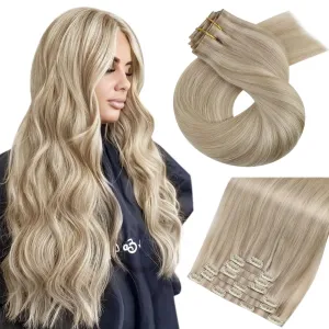 Moresoo Seamless Clip in Hair Extensions Human Hair Blonde Highlight Seamless Hair Extensions Clip ins Human Hair Ash Blonde with Blonde PU Weft Clip in Human Hair Extensions 16inch 7pcs 120g