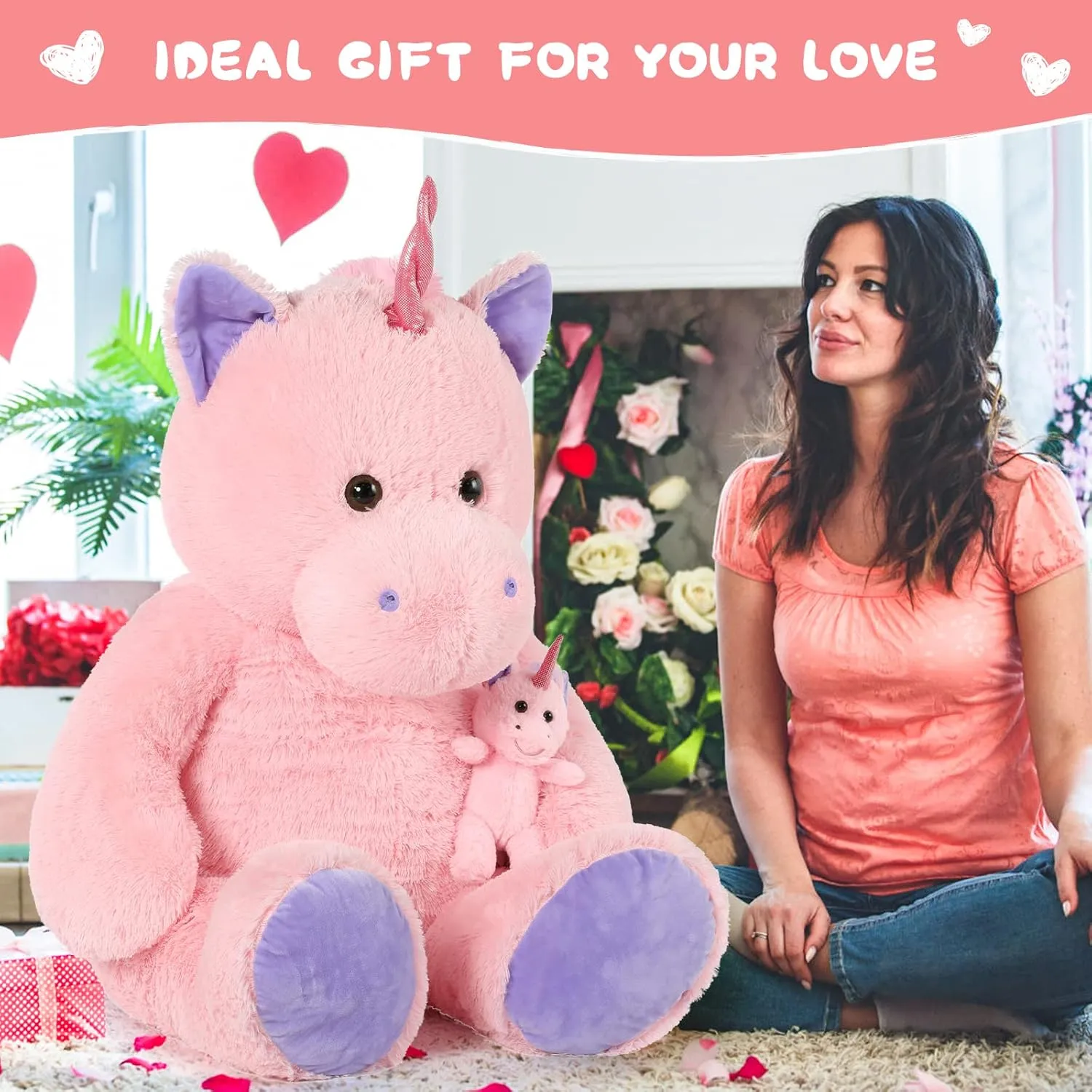 MorisMos Giant Stuffed Unicorn 4 Foot, 51'' Giant Unicorn Stuffed Animal with Baby Pony Doll for Girl Boy Kid Mother, Jumbo Pink Stuffed Animal for Baby Shower Birthday Christmas Valentines