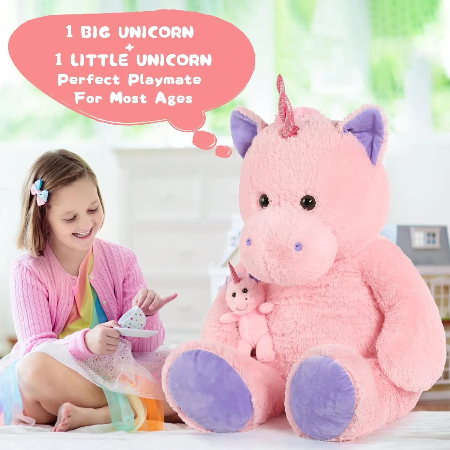 MorisMos Giant Stuffed Unicorn 4 Foot, 51'' Giant Unicorn Stuffed Animal with Baby Pony Doll for Girl Boy Kid Mother, Jumbo Pink Stuffed Animal for Baby Shower Birthday Christmas Valentines