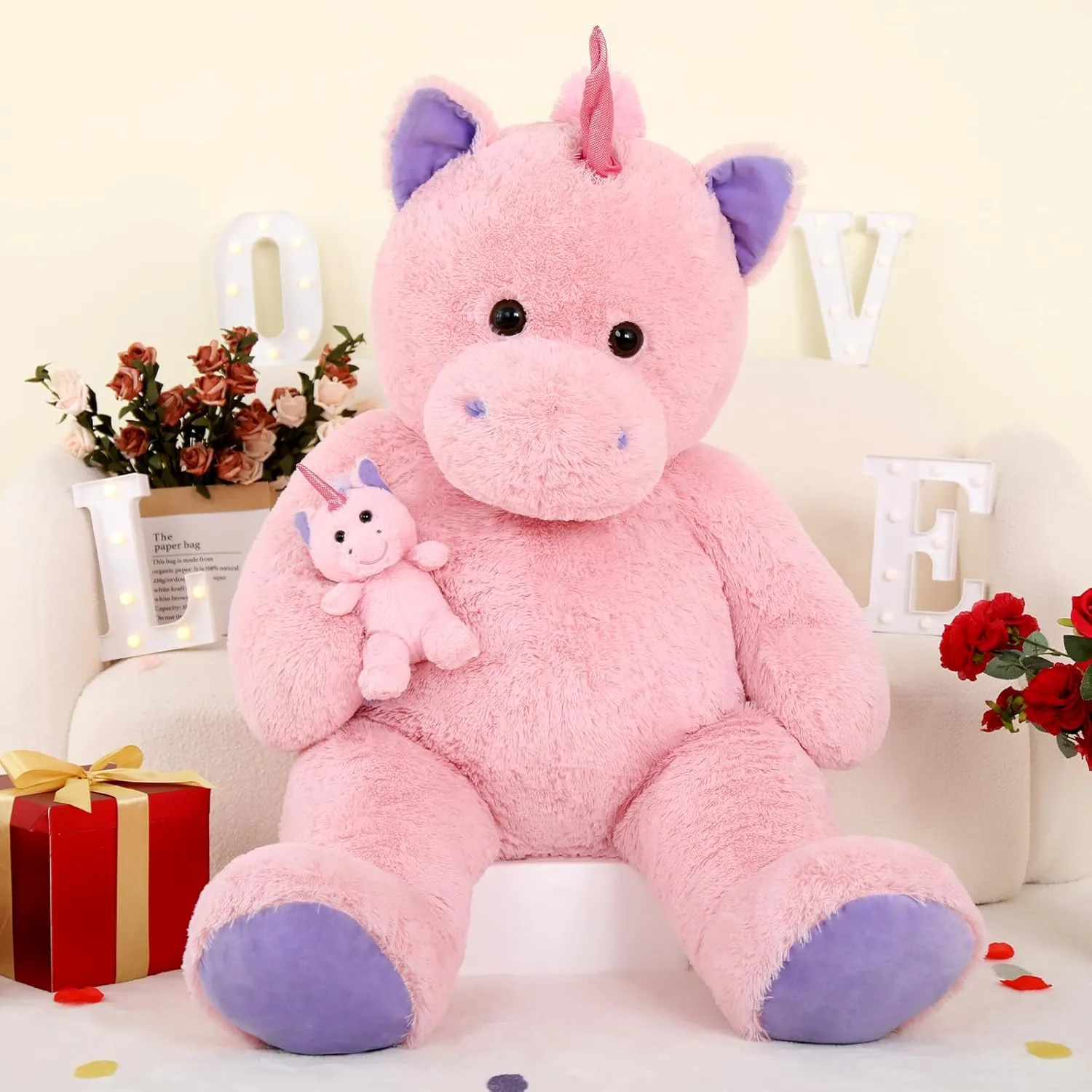 MorisMos Giant Stuffed Unicorn 4 Foot, 51'' Giant Unicorn Stuffed Animal with Baby Pony Doll for Girl Boy Kid Mother, Jumbo Pink Stuffed Animal for Baby Shower Birthday Christmas Valentines
