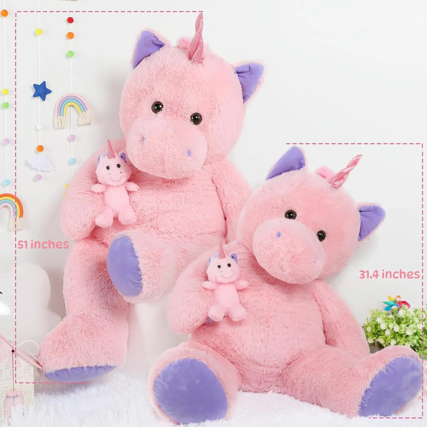 MorisMos Giant Stuffed Unicorn 4 Foot, 51'' Giant Unicorn Stuffed Animal with Baby Pony Doll for Girl Boy Kid Mother, Jumbo Pink Stuffed Animal for Baby Shower Birthday Christmas Valentines