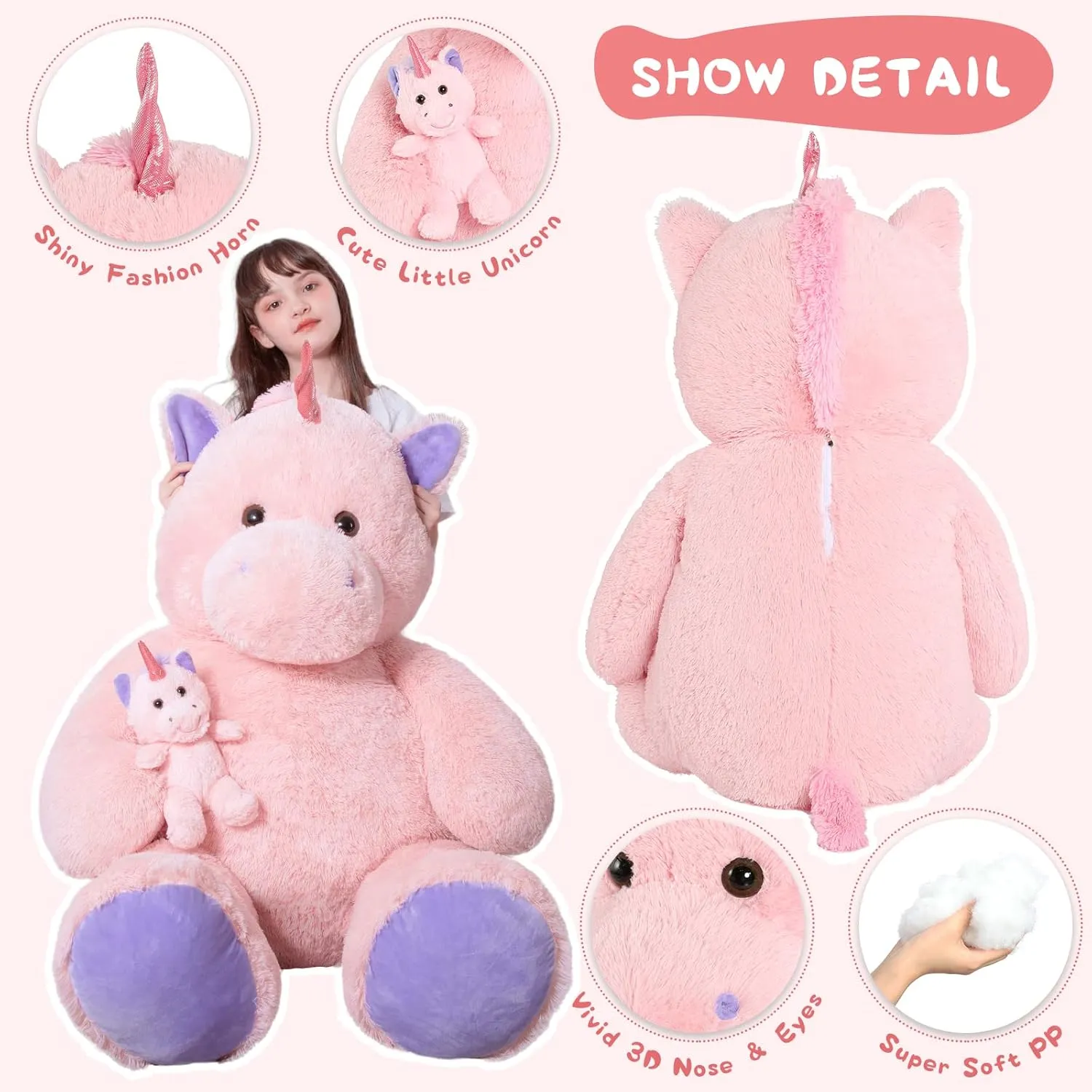 MorisMos Giant Stuffed Unicorn 4 Foot, 51'' Giant Unicorn Stuffed Animal with Baby Pony Doll for Girl Boy Kid Mother, Jumbo Pink Stuffed Animal for Baby Shower Birthday Christmas Valentines