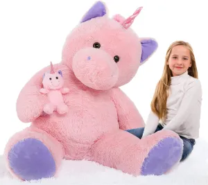 MorisMos Giant Stuffed Unicorn 4 Foot, 51'' Giant Unicorn Stuffed Animal with Baby Pony Doll for Girl Boy Kid Mother, Jumbo Pink Stuffed Animal for Baby Shower Birthday Christmas Valentines