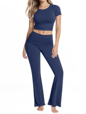 Motarto Women's 2 Piece Lounge Sets Short Sleeve Y2K Yoga Outfits Slim Fit Foldover Flare Pants Crop Top Casual Loungewear PJ