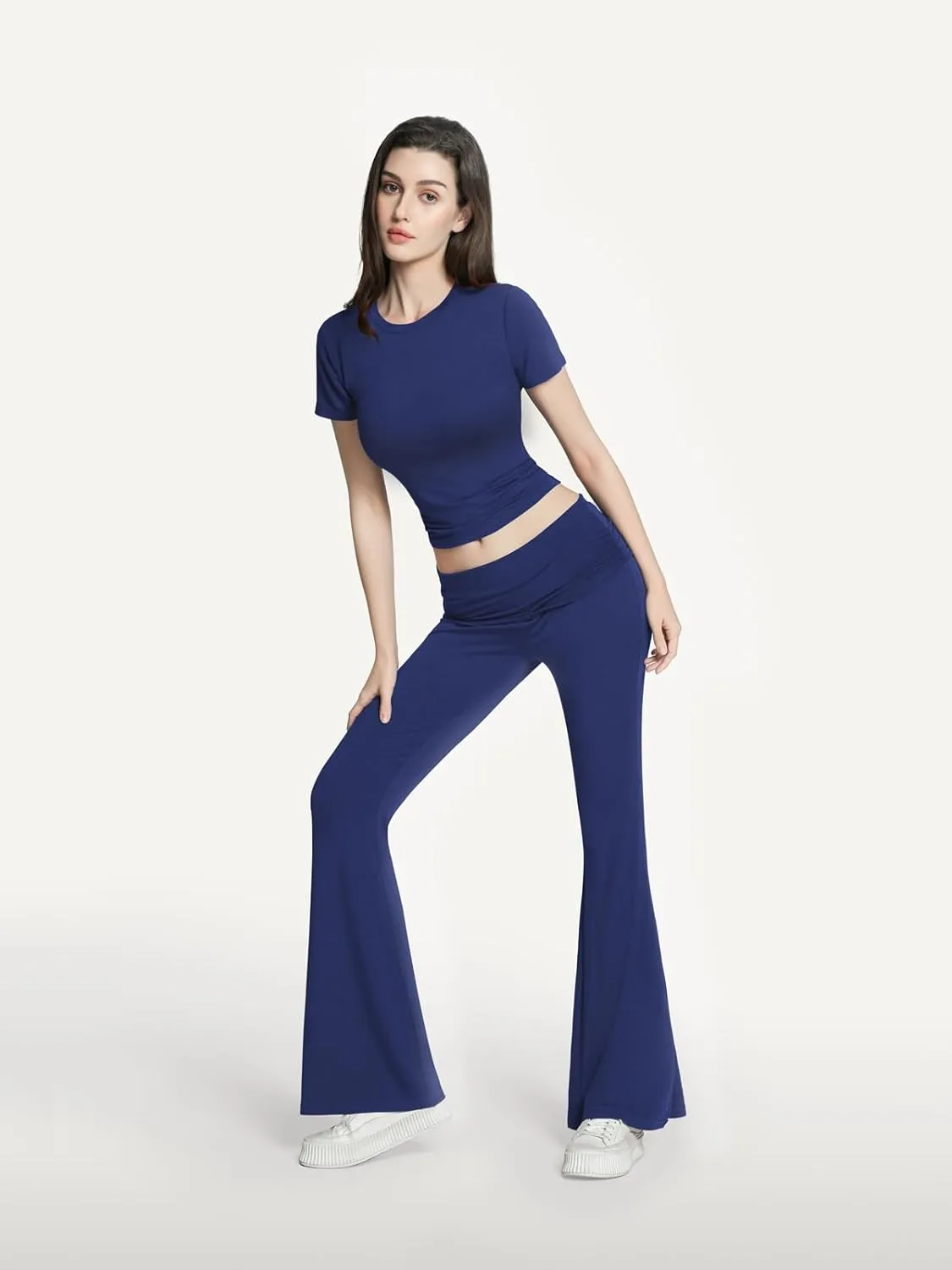 Motarto Women's 2 Piece Lounge Sets Short Sleeve Y2K Yoga Outfits Slim Fit Foldover Flare Pants Crop Top Casual Loungewear PJ