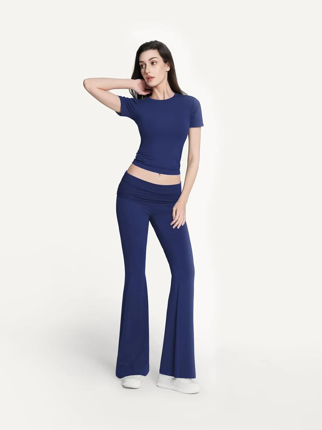 Motarto Women's 2 Piece Lounge Sets Short Sleeve Y2K Yoga Outfits Slim Fit Foldover Flare Pants Crop Top Casual Loungewear PJ
