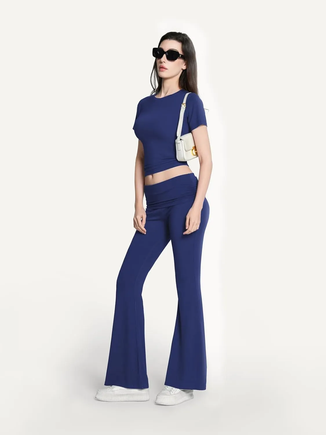 Motarto Women's 2 Piece Lounge Sets Short Sleeve Y2K Yoga Outfits Slim Fit Foldover Flare Pants Crop Top Casual Loungewear PJ