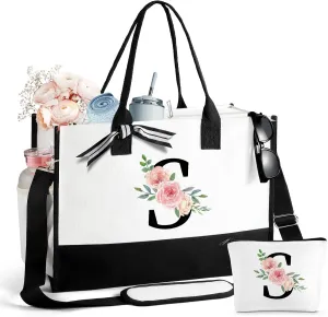 Mothers Day Gifts for Women Birthday Gifts for Women Large Initial Canvas Tote Bag Makeup Bag Beach Travel Shopping