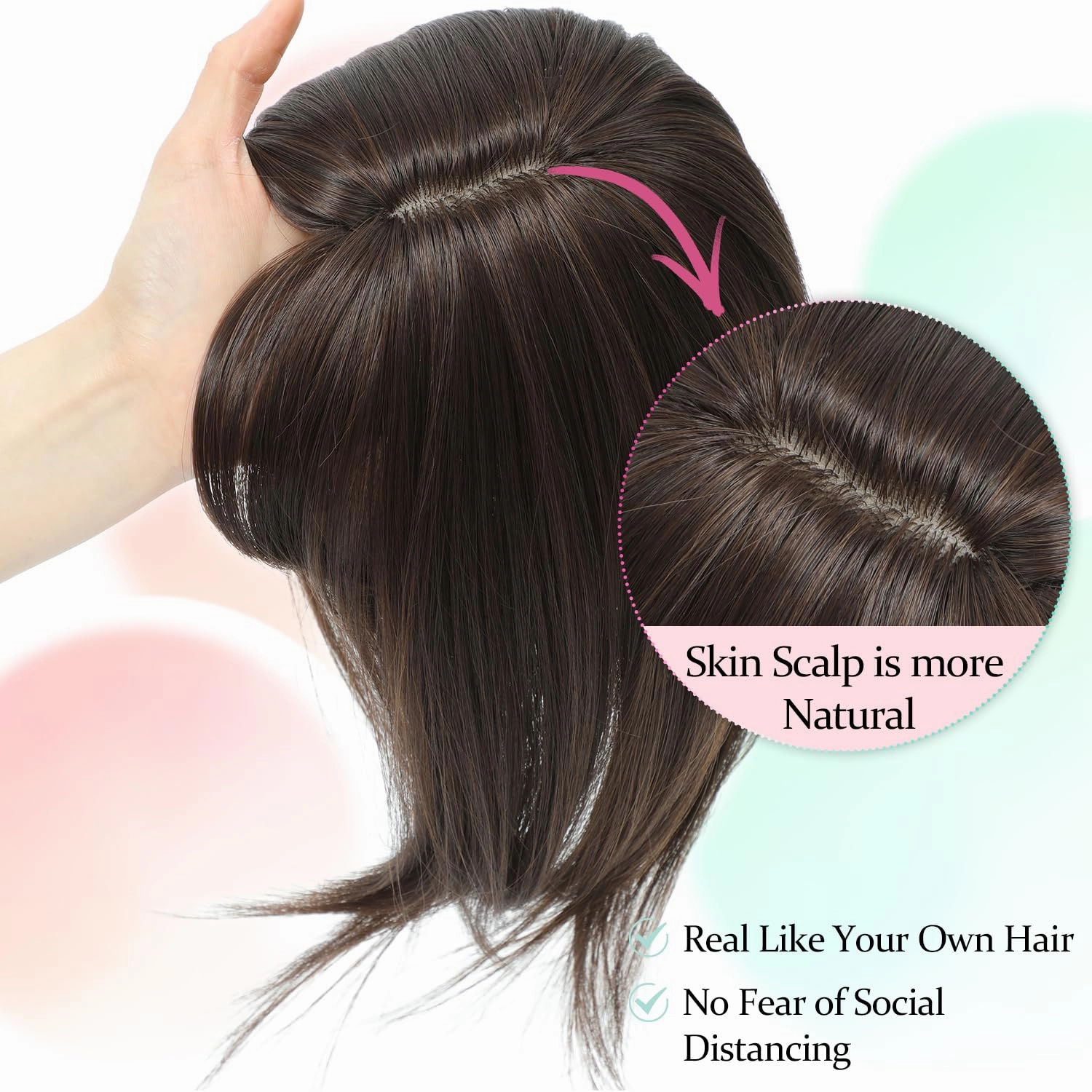 Ms Taj 12 Inch Hair Topper with Bangs, 360° Cover Synthetic Clip in Bangs, 4"x5" Bangs Natural Straight Fiber Hair Toppers for Women, Breathable & Comfortable for Daily Wear(Soft Brown)