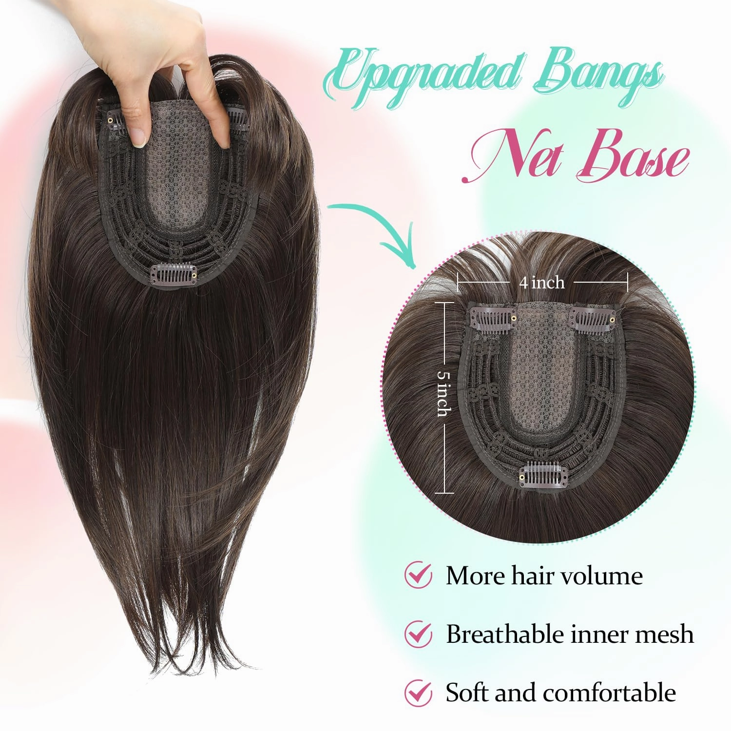Ms Taj 12 Inch Hair Topper with Bangs, 360° Cover Synthetic Clip in Bangs, 4"x5" Bangs Natural Straight Fiber Hair Toppers for Women, Breathable & Comfortable for Daily Wear(Soft Brown)