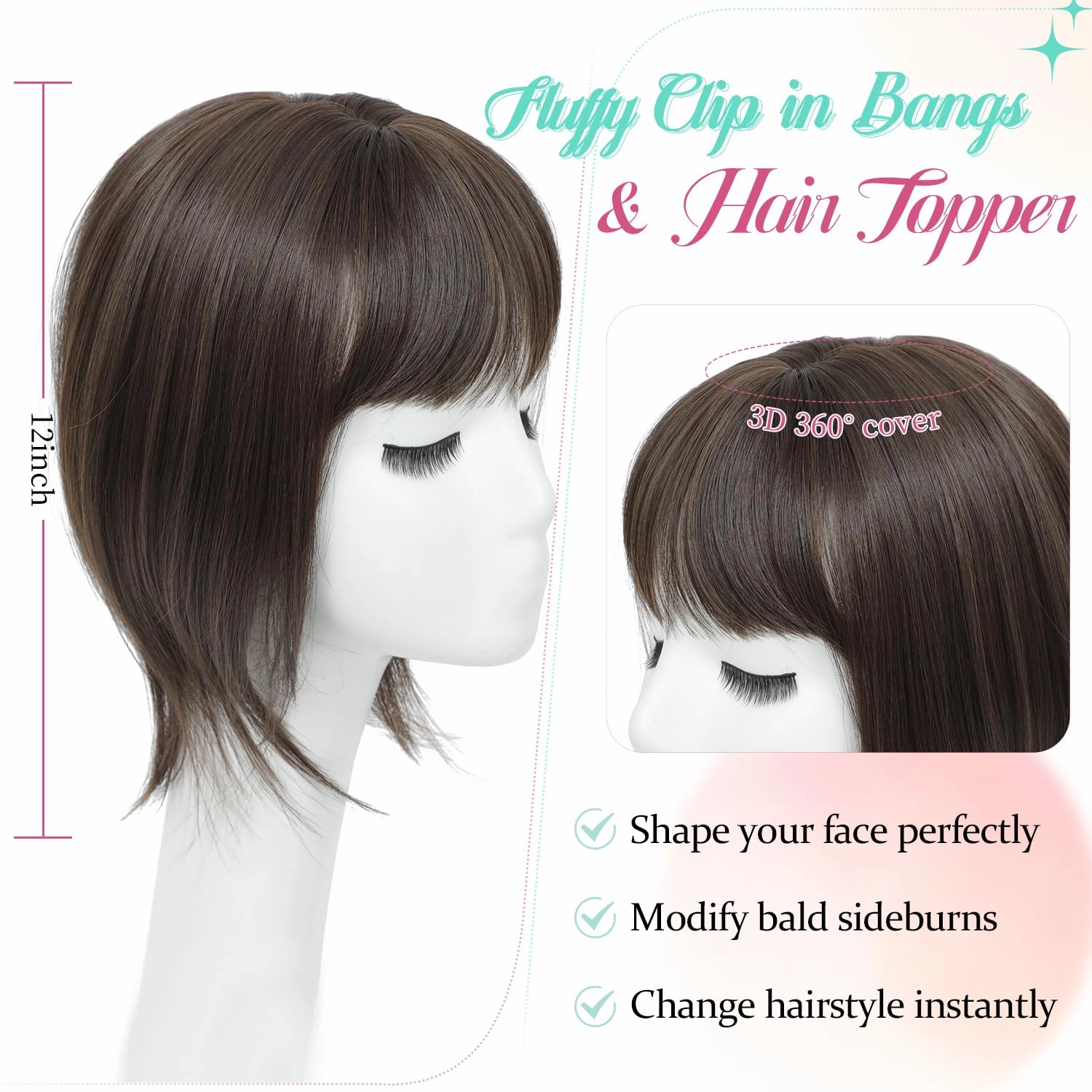 Ms Taj 12 Inch Hair Topper with Bangs, 360° Cover Synthetic Clip in Bangs, 4"x5" Bangs Natural Straight Fiber Hair Toppers for Women, Breathable & Comfortable for Daily Wear(Soft Brown)