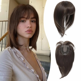 Ms Taj 12 Inch Hair Topper with Bangs, 360° Cover Synthetic Clip in Bangs, 4"x5" Bangs Natural Straight Fiber Hair Toppers for Women, Breathable & Comfortable for Daily Wear(Soft Brown)