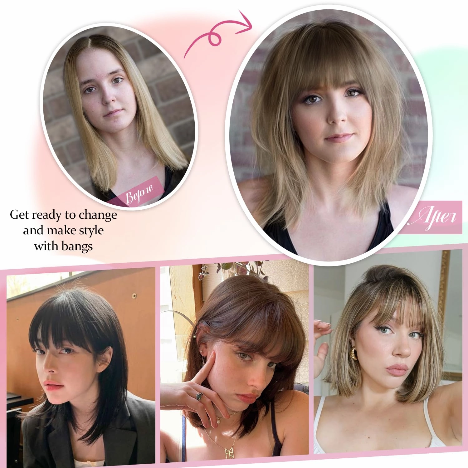 Ms Taj 12 Inch Hair Topper with Bangs, 360° Cover Synthetic Clip in Bangs, 4"x5" Bangs Natural Straight Fiber Hair Toppers for Women, Breathable & Comfortable for Daily Wear(Soft Brown)