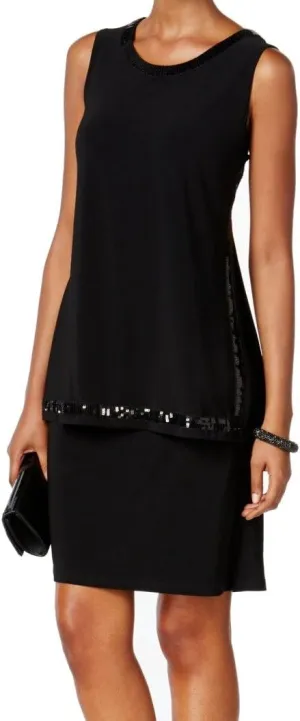 MSK Women's Sequined Border Popover Cocktail Dress (4, Black)
