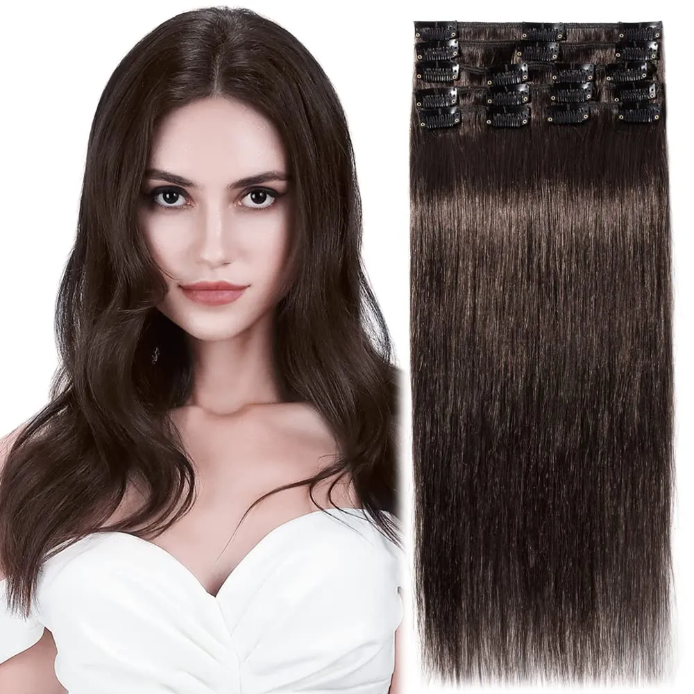 MY-LADY Clip in Hair Extensions Real Human Hair Dark Brown 8 Inch 45g Remy Hair 8pcs Weft Balayage Full Head Natural Straight for Women