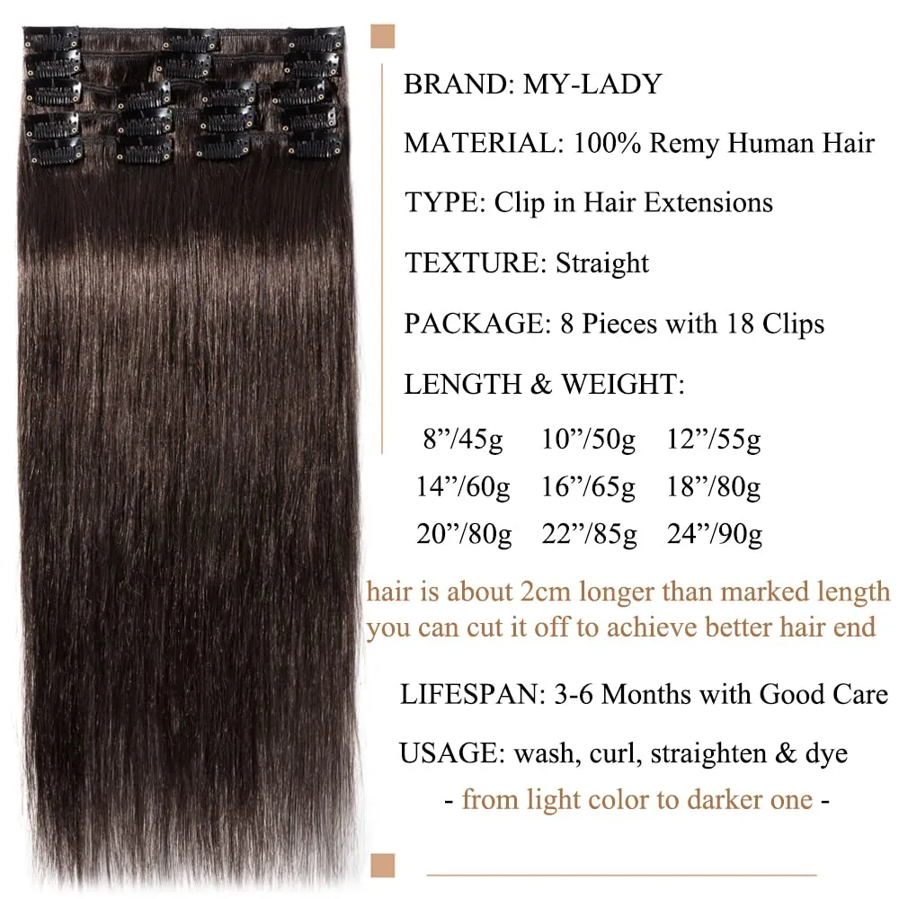 MY-LADY Clip in Hair Extensions Real Human Hair Dark Brown 8 Inch 45g Remy Hair 8pcs Weft Balayage Full Head Natural Straight for Women