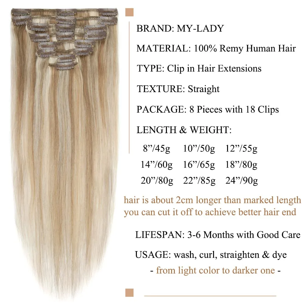 MY-LADY Clip in Hair Extensions Real Human Hair Golden Brown & Bleach Blonde 14 Inch 60g Remy Hair 8pcs Weft Balayage Full Head Silky Natural Straight for Women