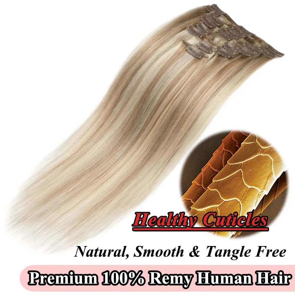 MY-LADY Clip in Hair Extensions Real Human Hair Golden Brown & Bleach Blonde 14 Inch 60g Remy Hair 8pcs Weft Balayage Full Head Silky Natural Straight for Women
