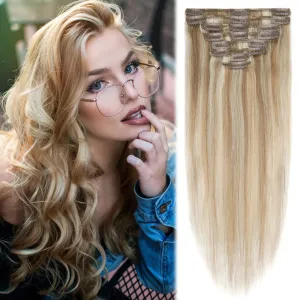 MY-LADY Clip in Hair Extensions Real Human Hair Golden Brown & Bleach Blonde 14 Inch 60g Remy Hair 8pcs Weft Balayage Full Head Silky Natural Straight for Women