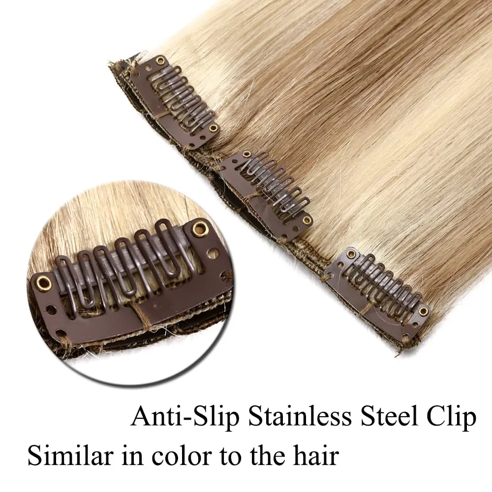 MY-LADY Clip in Hair Extensions Real Human Hair Golden Brown & Bleach Blonde 14 Inch 60g Remy Hair 8pcs Weft Balayage Full Head Silky Natural Straight for Women