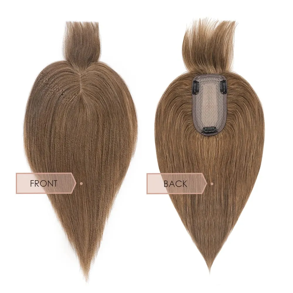 MY-LADY Human Hair Toppers for Women Real Human Hair for Thinning Hair 7 * 13CM Silk Base Hairpieces with Bangs 150% Density Straight Clip in Remy Hair Pieces 6 Inch #06 Light Brown