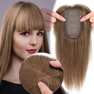 MY-LADY Human Hair Toppers for Women Real Human Hair for Thinning Hair 7 * 13CM Silk Base Hairpieces with Bangs 150% Density Straight Clip in Remy Hair Pieces 6 Inch #06 Light Brown