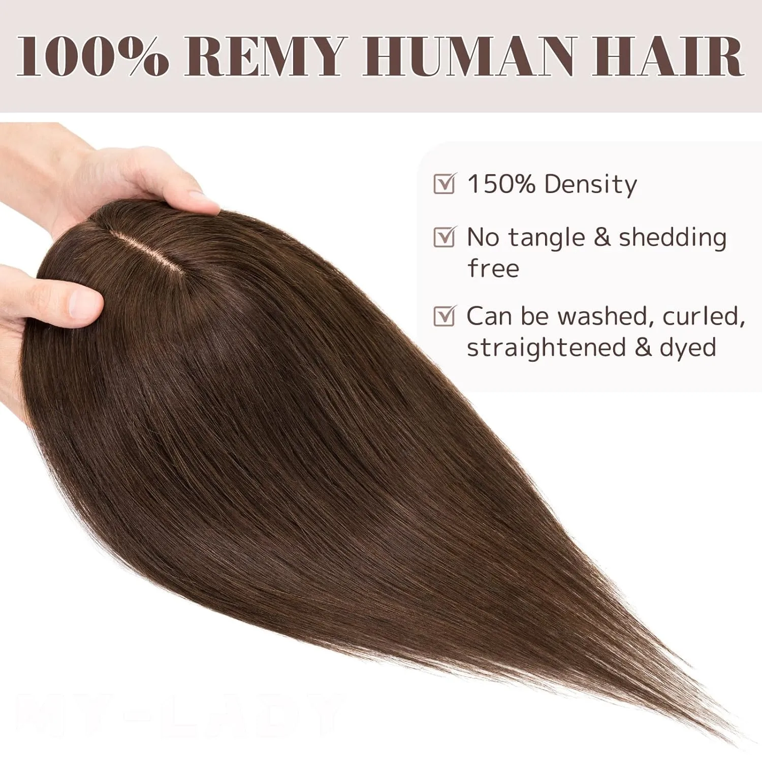 MY-LADY Human Hair Toppers for Women Real Human Hair for Thinning Hair 8 * 10CM Lace Silk Base Hair Pieces No Bangs Clip in Remy Hairpieces Hand-Tied 10 Inch Dark Brown