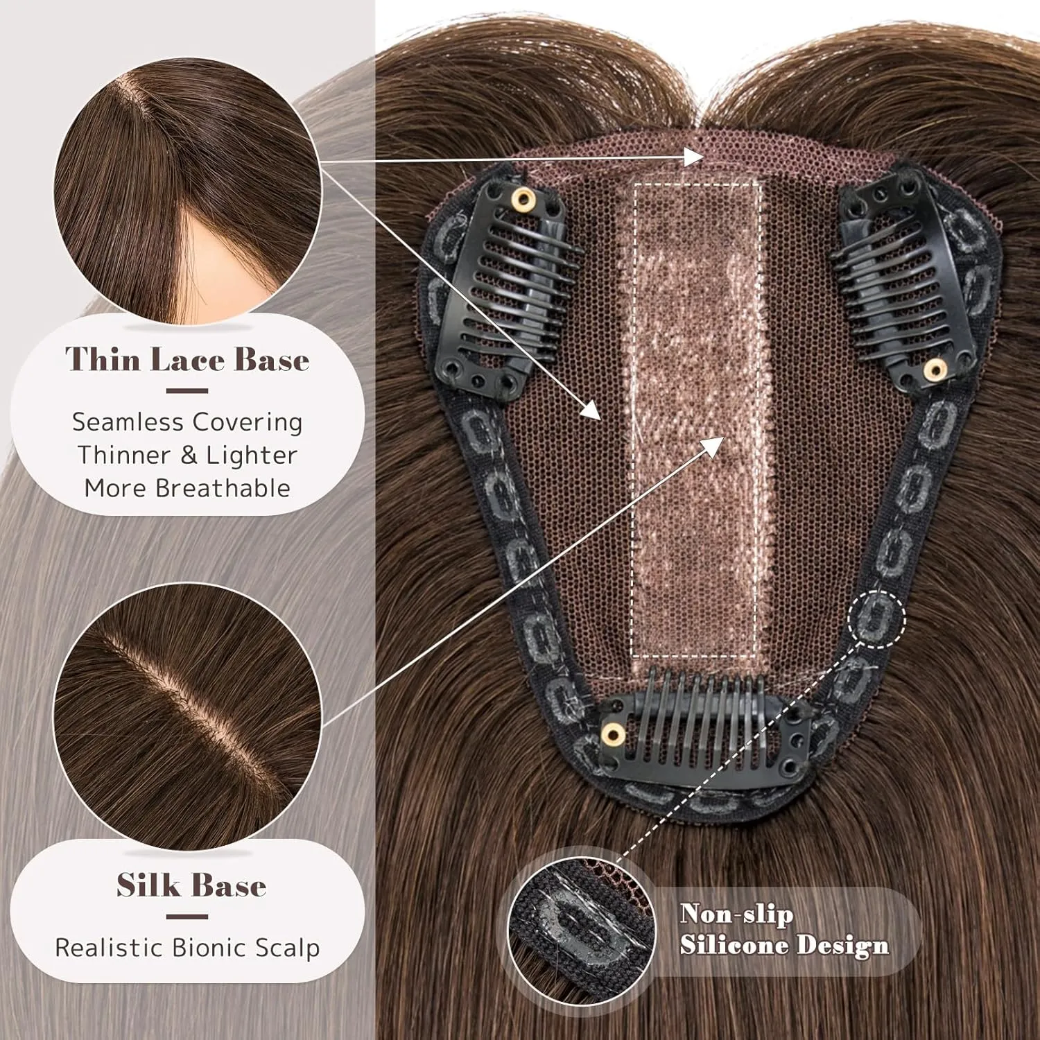 MY-LADY Human Hair Toppers for Women Real Human Hair for Thinning Hair 8 * 10CM Lace Silk Base Hair Pieces No Bangs Clip in Remy Hairpieces Hand-Tied 10 Inch Dark Brown