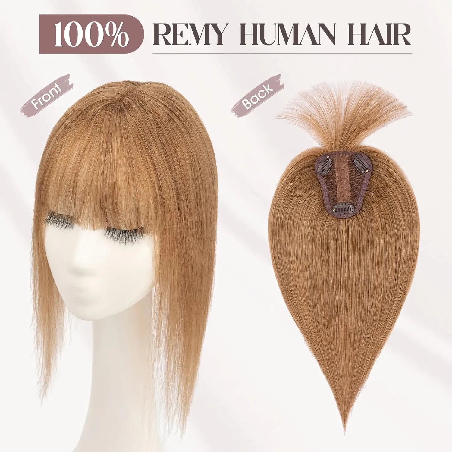 MY-LADY Human Hair Toppers for Women Real Human Hair with Bangs Thin 8 * 10CM Lace Silk Base Clip in Remy Hairpieces Hand-Tied Light Weight 10 Inch Light Brown