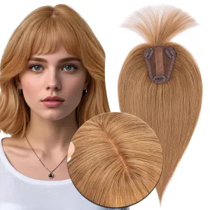 MY-LADY Human Hair Toppers for Women Real Human Hair with Bangs Thin 8 * 10CM Lace Silk Base Clip in Remy Hairpieces Hand-Tied Light Weight 10 Inch Light Brown