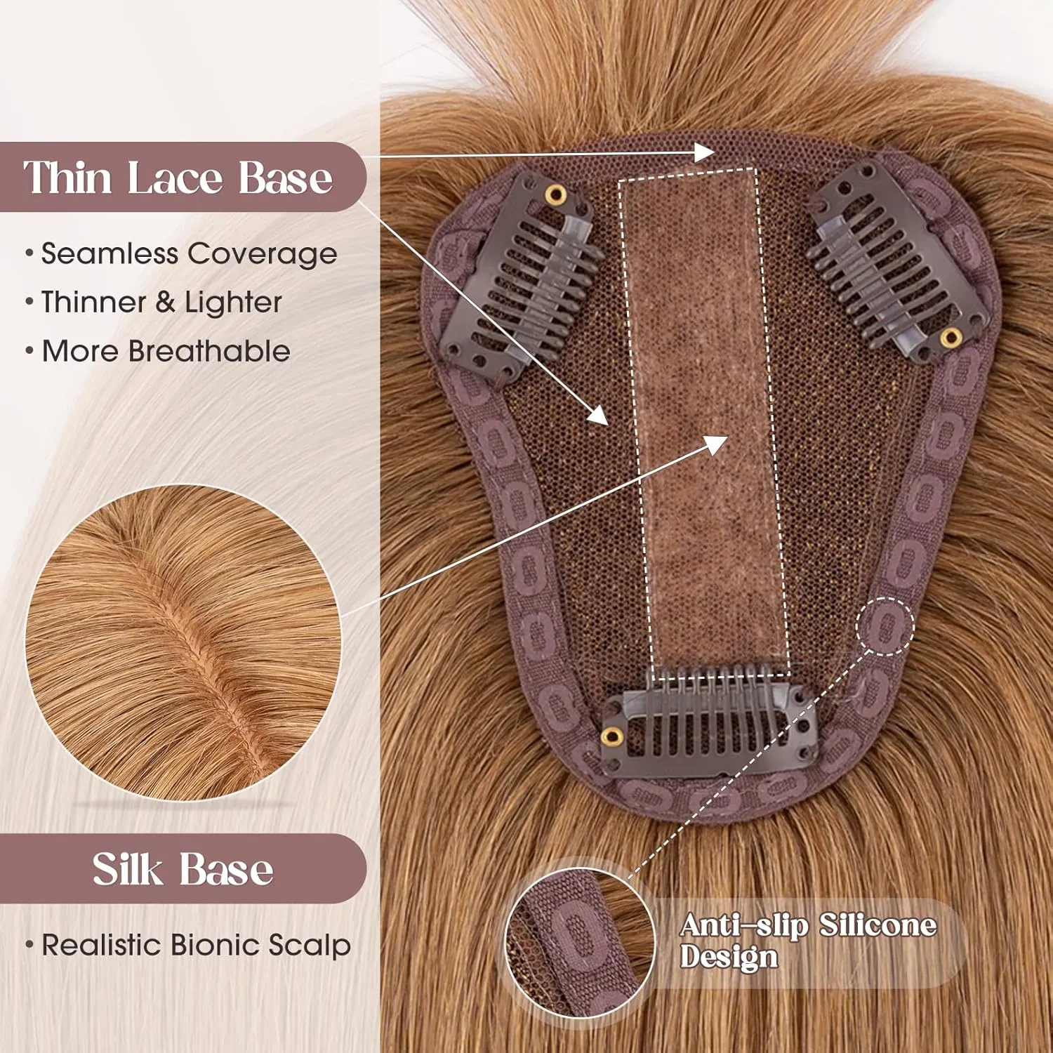 MY-LADY Human Hair Toppers for Women Real Human Hair with Bangs Thin 8 * 10CM Lace Silk Base Clip in Remy Hairpieces Hand-Tied Light Weight 10 Inch Light Brown