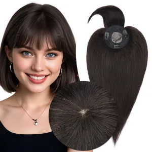 MY-LADY Human Hair Toppers for Women Real Human Hair with Bangs Thin 8.5 * 8.5CM Mono Base Clip in Remy Hairpieces Light Weight 12 Inch Natural Black