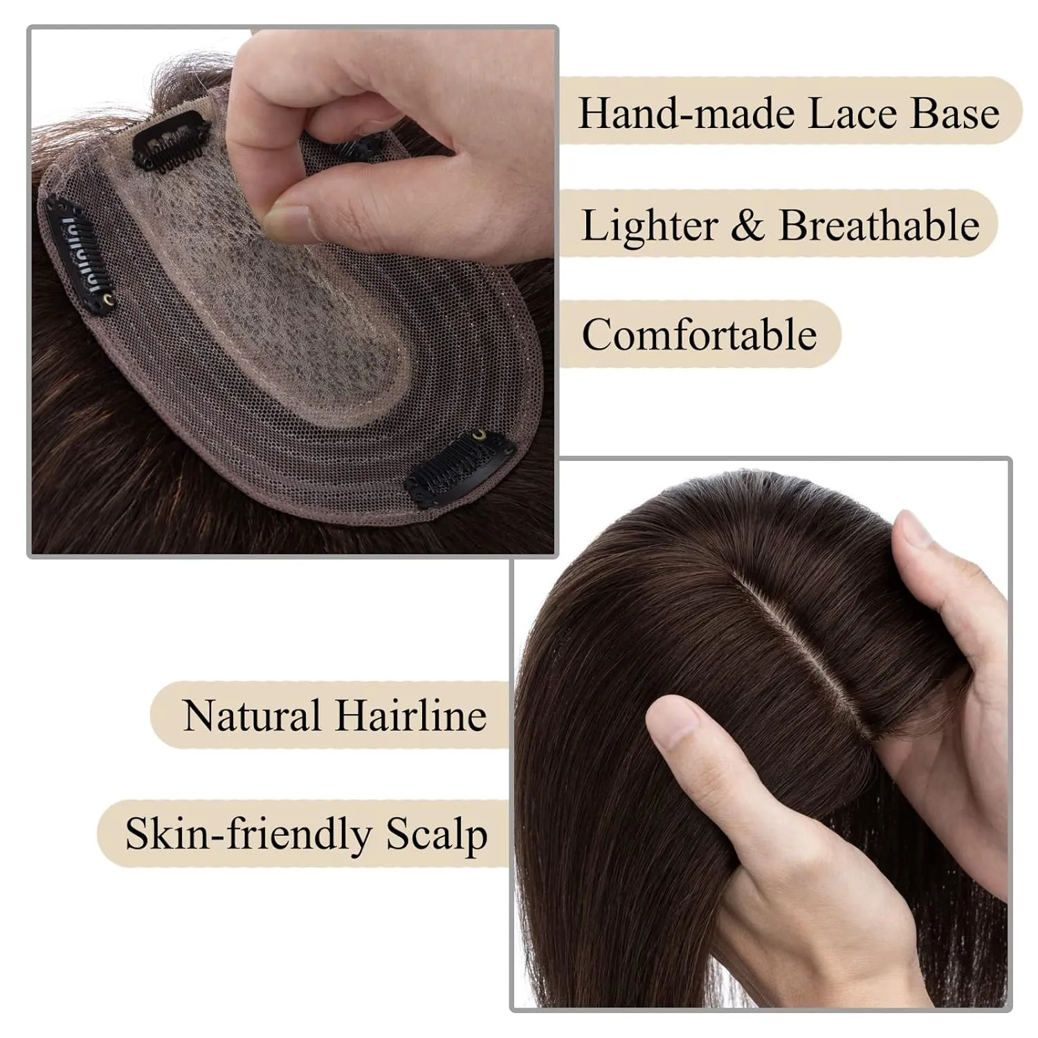 MY-LADY Human Hair Toppers for Women Real Remy Hair 130% Density 10 * 12CM Silk Base No Bangs Clip in Hair Pieces Straight Hairpiece for Thinning Hair 6 Inch #02 Dark Brown