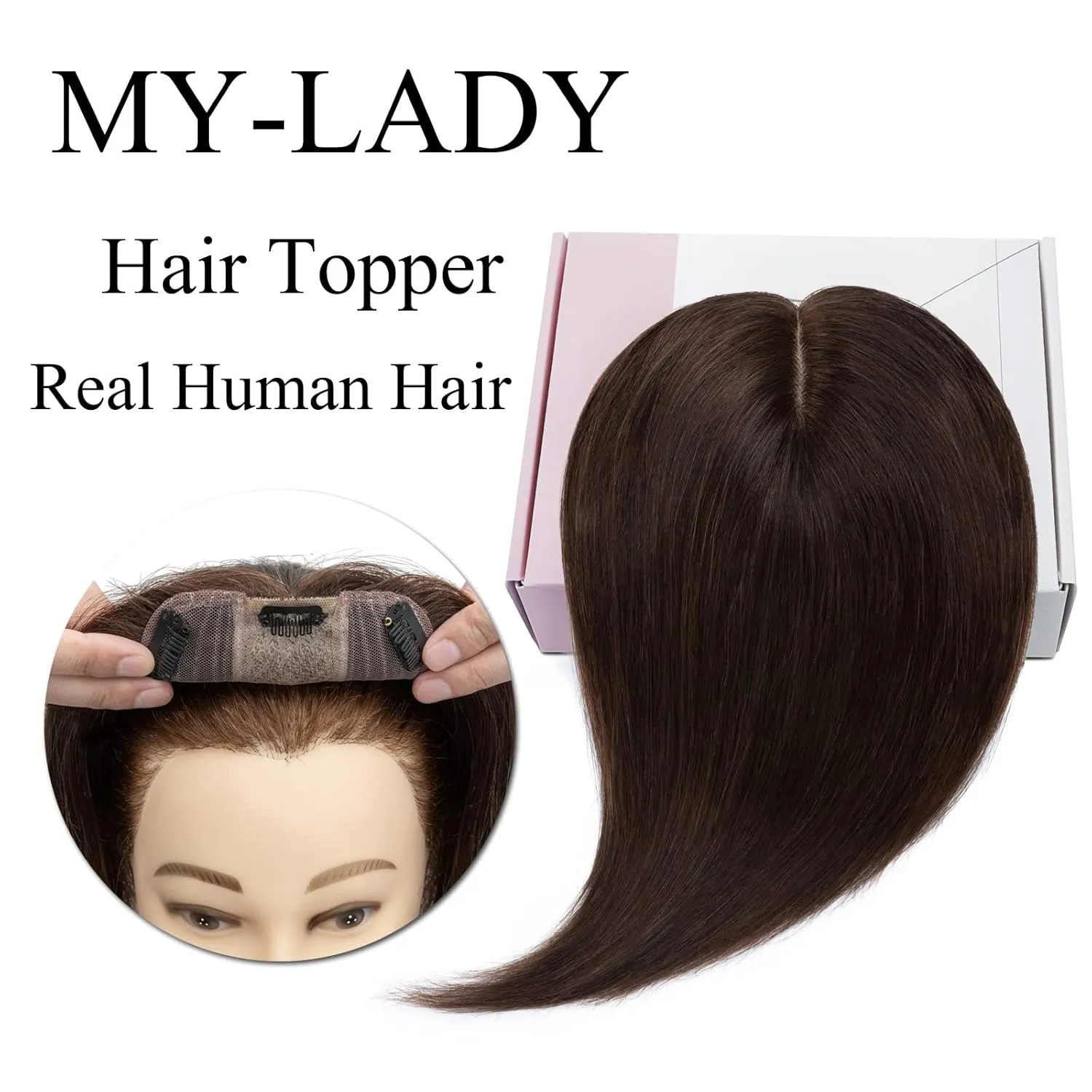 MY-LADY Human Hair Toppers for Women Real Remy Hair 130% Density 10 * 12CM Silk Base No Bangs Clip in Hair Pieces Straight Hairpiece for Thinning Hair 6 Inch #02 Dark Brown