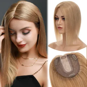 MY-LADY Human Hair Toppers for Women Real Remy Hair 130% Density 10 * 12CM Silk Base No Bangs Clip in Hair Pieces Straight Hairpiece for Thinning Hair 6 Inch #27 Dark Blonde
