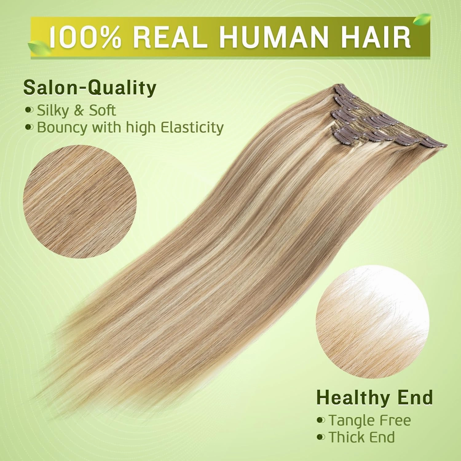MY-LADY 18Inch 140g 8Pcs Clip in Hair Extensions, Real Human Hair, Light Brown with Bleach Blonde