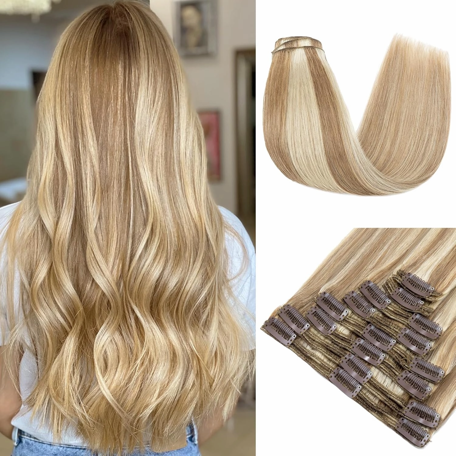 MY-LADY 18Inch 140g 8Pcs Clip in Hair Extensions, Real Human Hair, Light Brown with Bleach Blonde