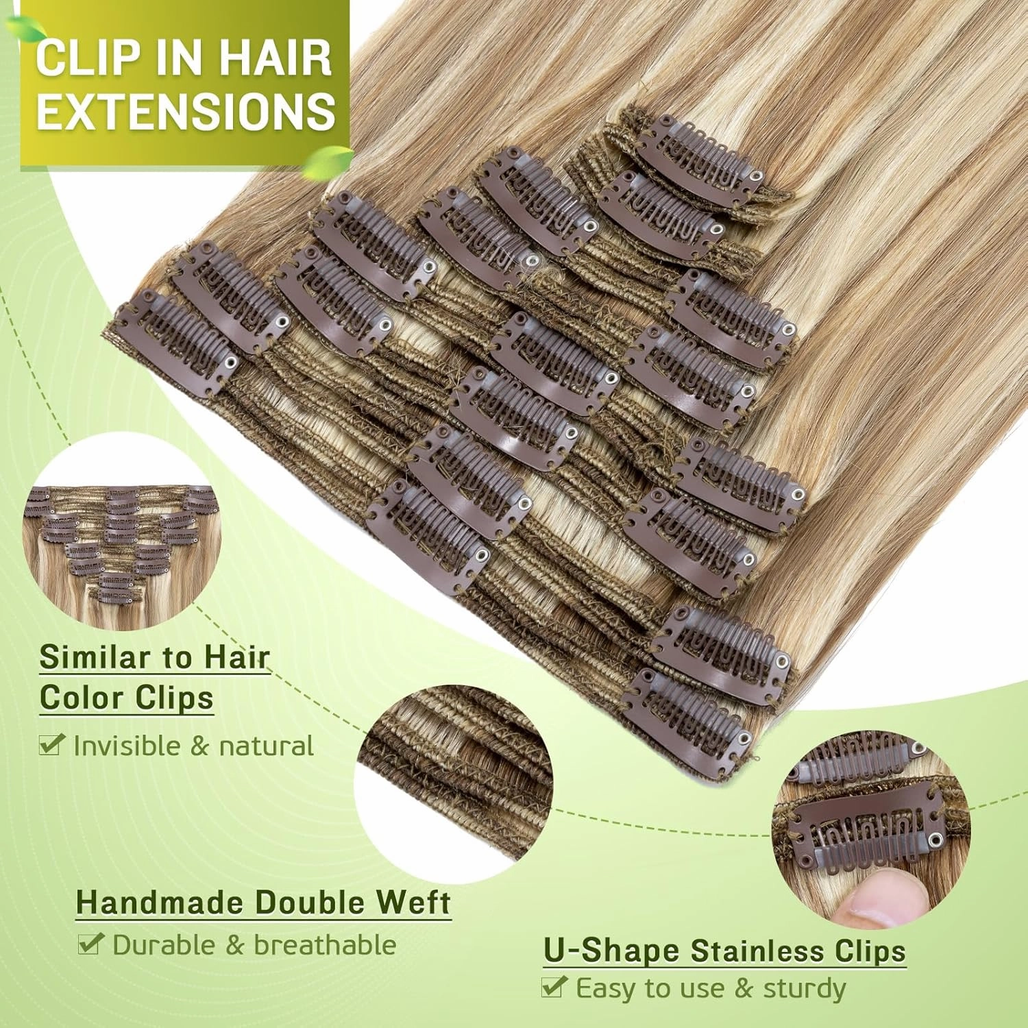 MY-LADY 18Inch 140g 8Pcs Clip in Hair Extensions, Real Human Hair, Light Brown with Bleach Blonde