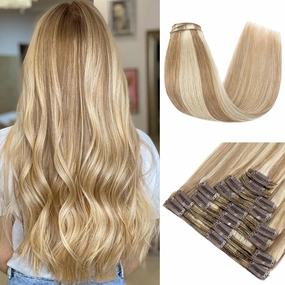 MY-LADY 18Inch 140g 8Pcs Clip in Hair Extensions, Real Human Hair, Light Brown with Bleach Blonde