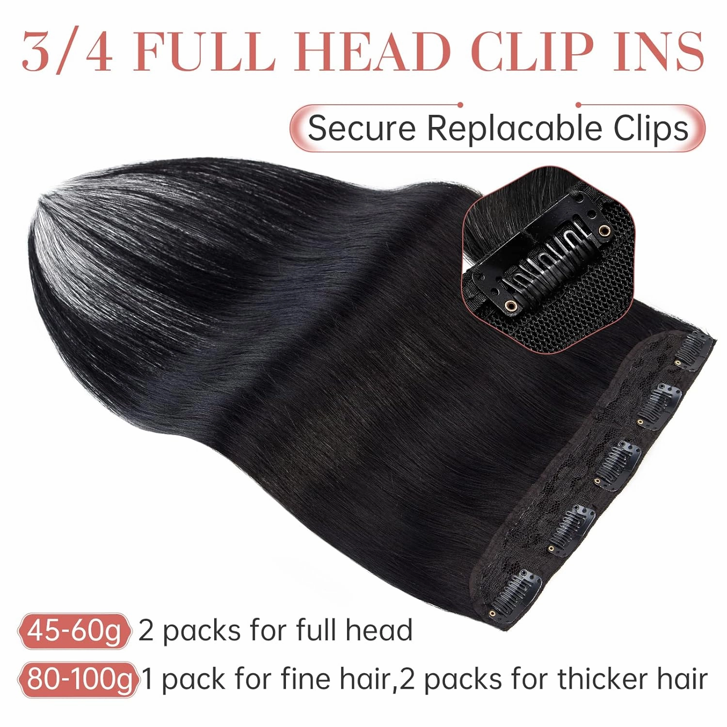 MY-LADY Clip in Hair Extensions Real Human Hair 1 Piece 12 Inch Remy Human Hair Extensions Clip ins 5 Clips 3/4 Full Head #1 Jet Black 40g