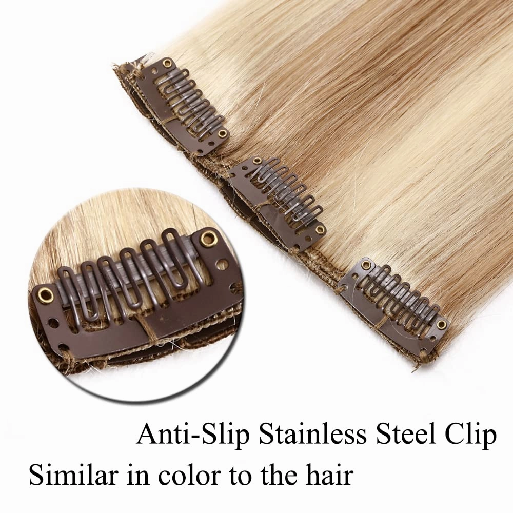 MY-LADY Clip in Hair Extensions Real Human Hair Ash Blonde & Bleach Blonde 14 Inch 60g Remy Hair 8pcs Weft Balayage Full Head Straight for Women
