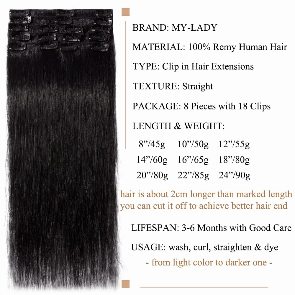 MY-LADY Clip in Hair Extensions Real Human Hair Jet Black 8 Inch 45g Remy Hair 8pcs Weft Balayage Full Head Natural for Women