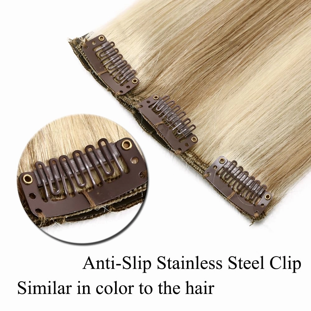 MY-LADY Clip in Hair Extensions Real Human Hair Light Blonde & Golden Blonde 14 Inch 60g Remy Hair 8pcs Weft Balayage Full Head Silky Natural Straight for Women